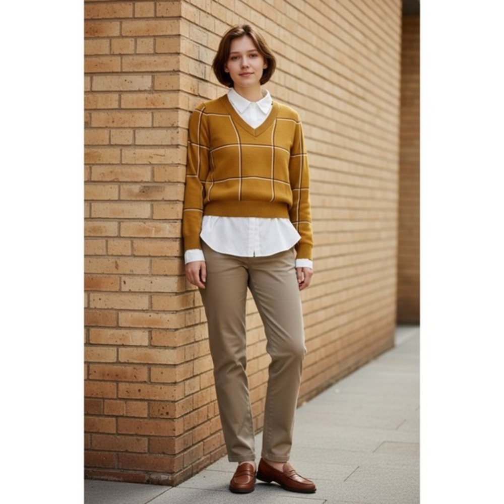 Jones & Co Layered V-Neck Sweater Women Med Mustard Yellow Excellent Windowpane - Picture 1 of 6